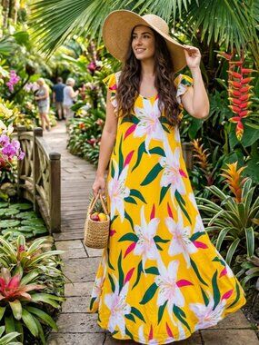 ​Vibrant Yellow Tropical Lily Maxi Dress Flutter Sleeve Lightweight Summer